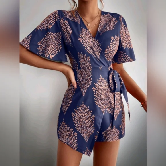 Boho Tropical Leaf Print Wrap Romper S, M, L, XL NWOT - Picture 4 of 8